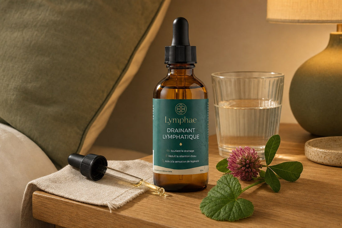 Le flacon Lymphae, sa pipette et un verre d’eau le soir
